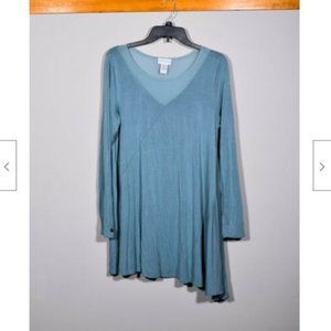 Soft Surroundings #26654 Blue Mesh Neck Asymmetrical Long Sleeve Tunic Top L